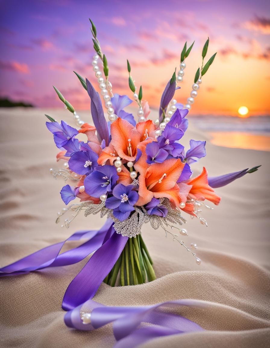Sunset Beach: Gladiolus Bouquet with Pearls and Silver