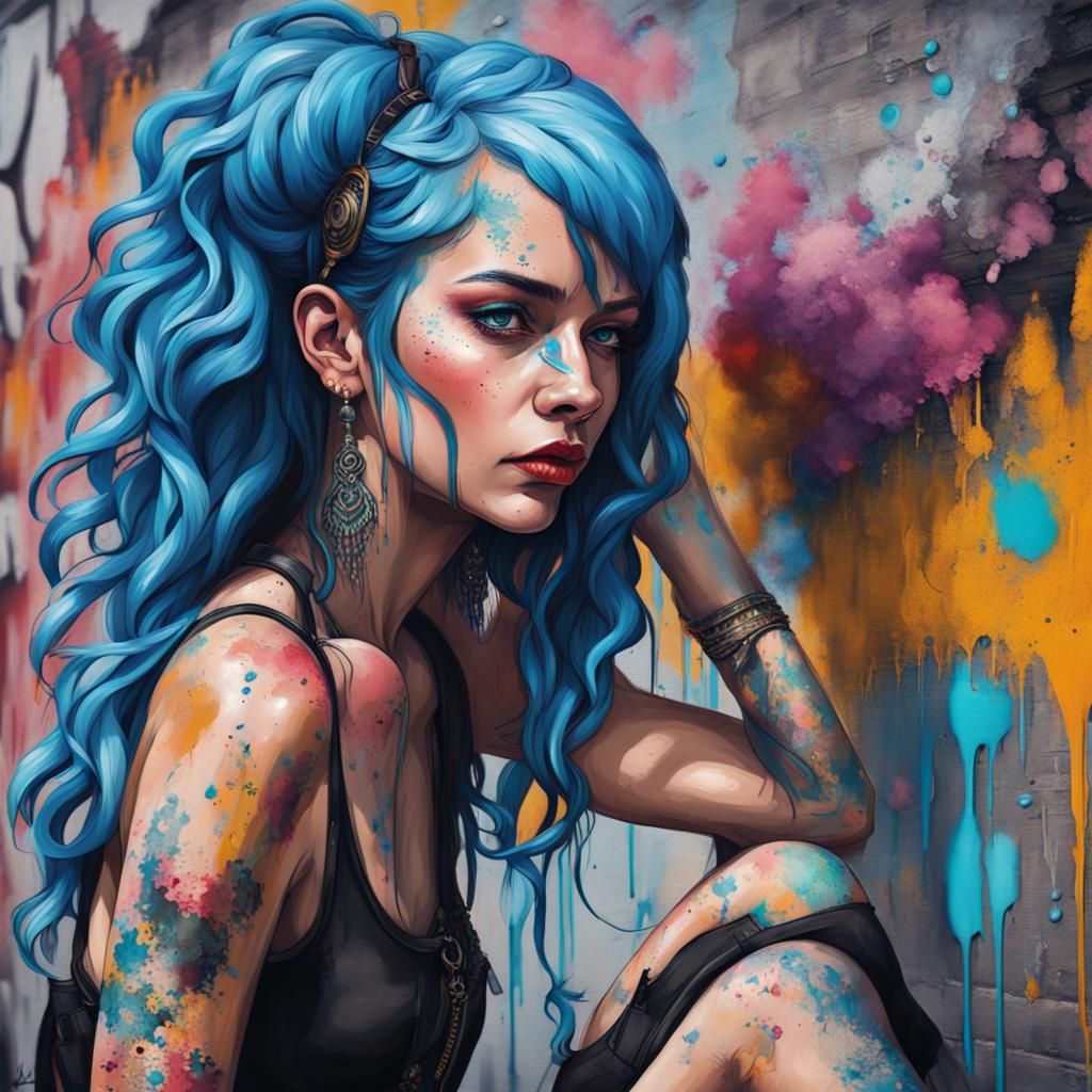 Blue-Haired Rockstar Portrait in Graffiti Art Style