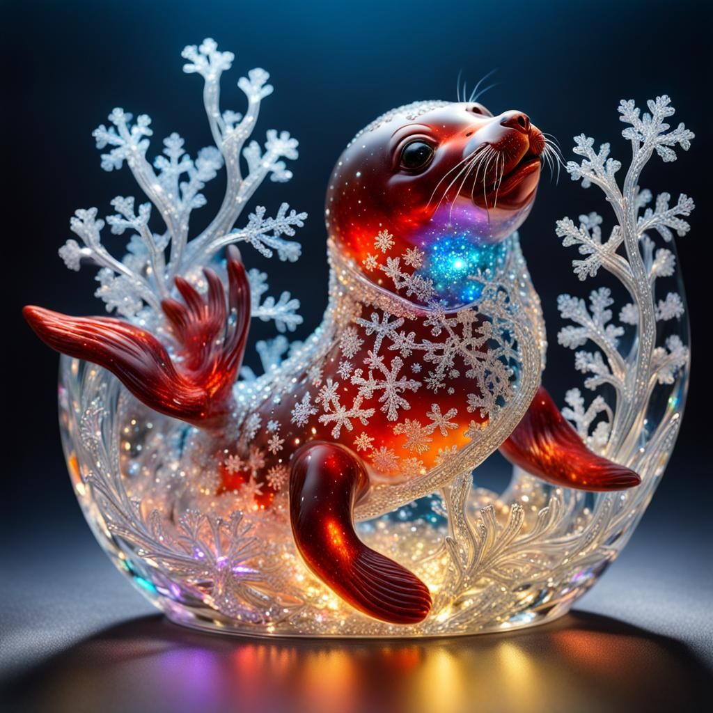 Bioluminescent Crystal Seal Sculpture in Glass