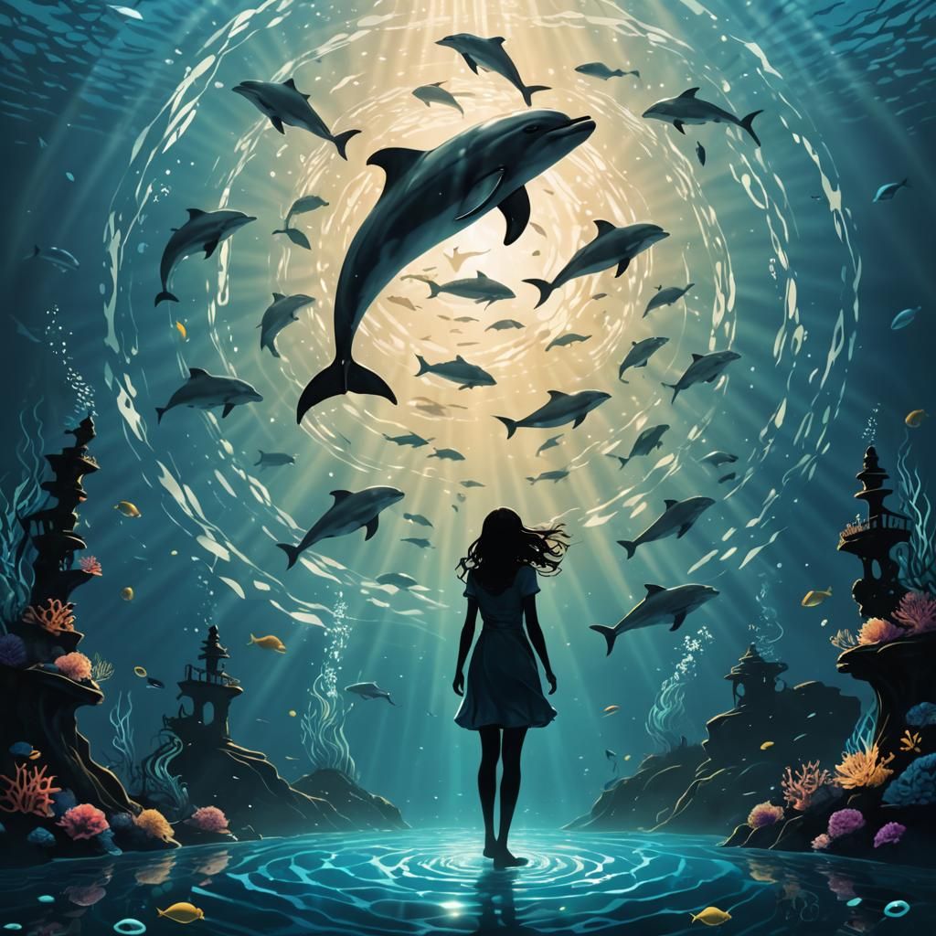 Mysterious Silhouette: Girl and Spiraling Dolphins