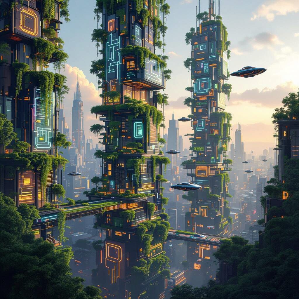 Futuristic Biopunk Cityscape with Vertical Gardens