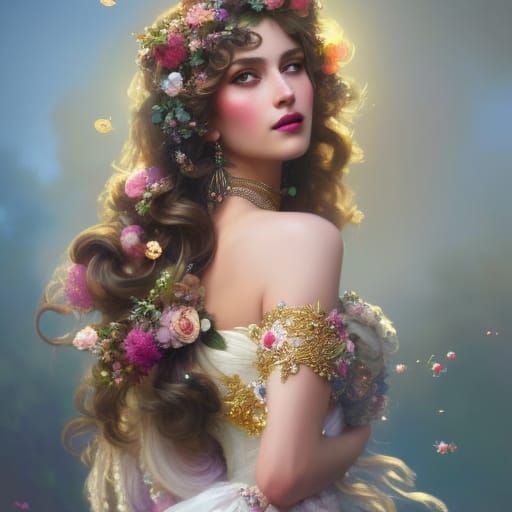 Ornate Rococo Portrait of a Woman with Flowers