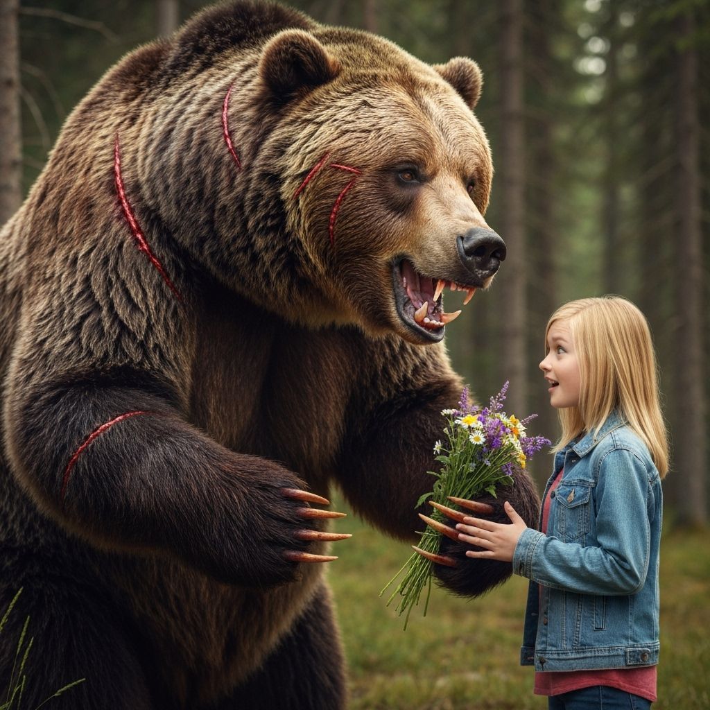 Ferocious Bear Offers Flowers to Teenager in Forest