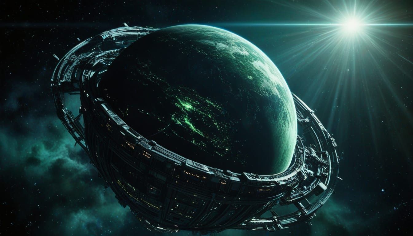 Epic Space Station Orbits Swirling Planet in Neon-Lit Psyche...