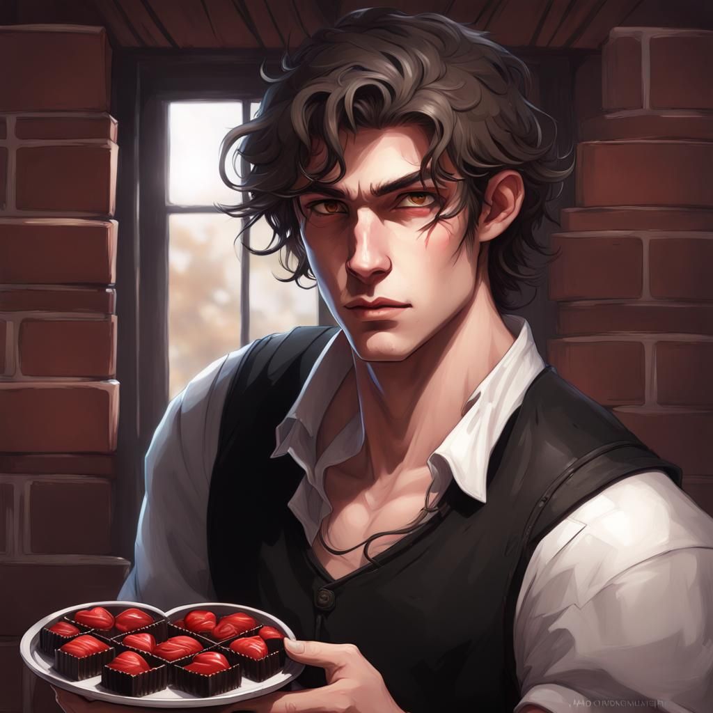 Red Eyed Youth with Chocolates: Hyperdetailed Concept Art