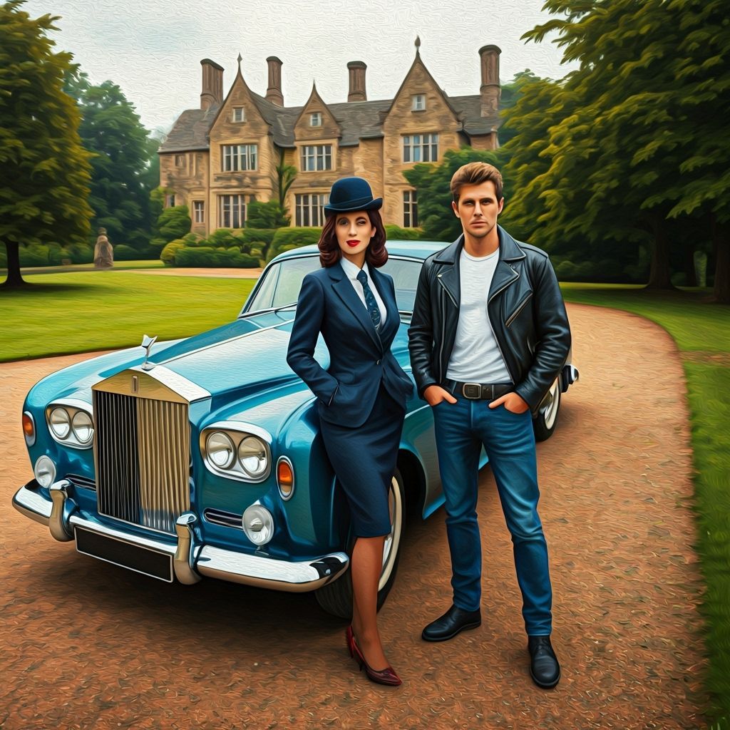 Stylish Woman and Biker Outside English Manor in Impressioni...