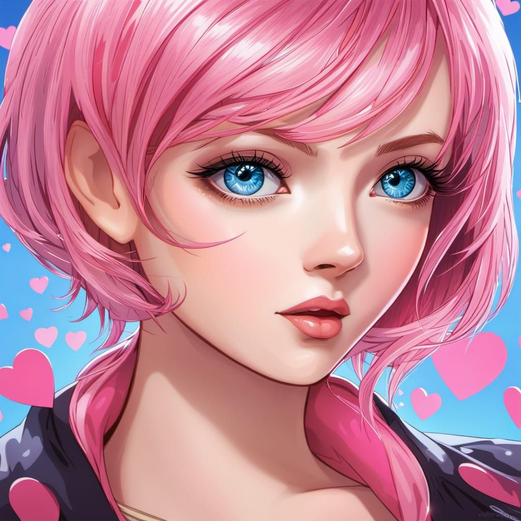 Anime Woman with Pink Hair and Heart Eyes