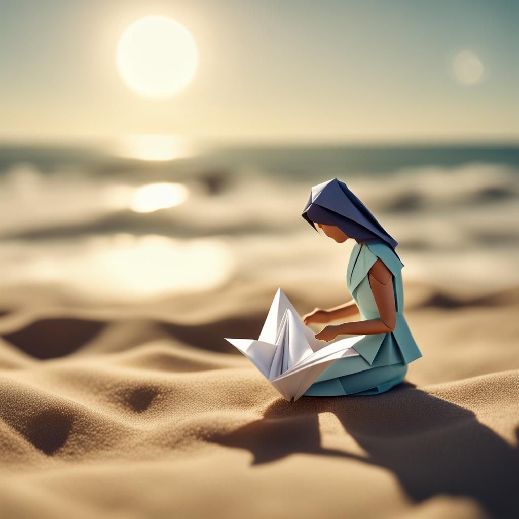 Woman Sunbathing on Lunar Beach in Origami Style