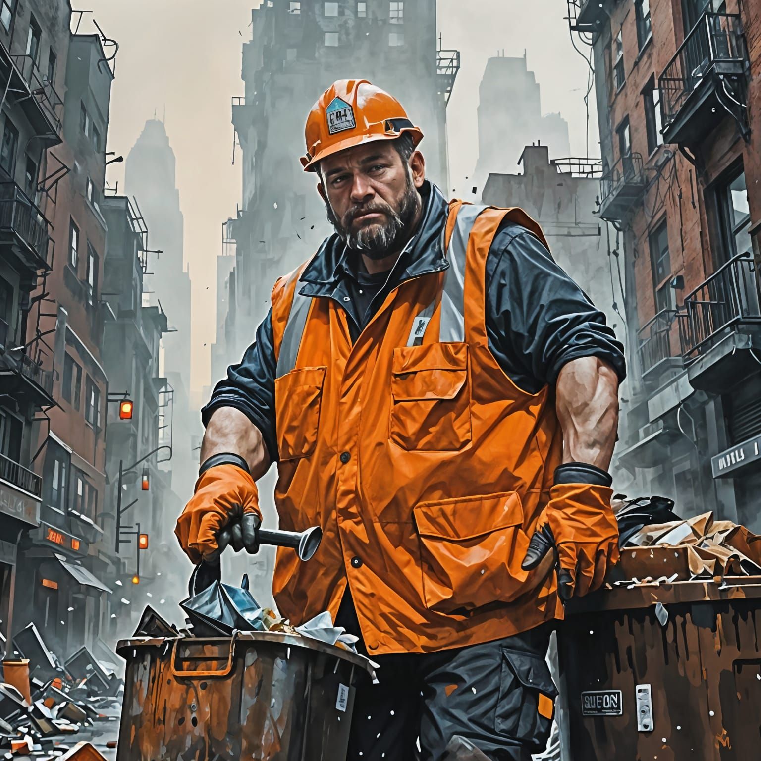 Gritty City Sanitation Worker in High-Contrast Style
