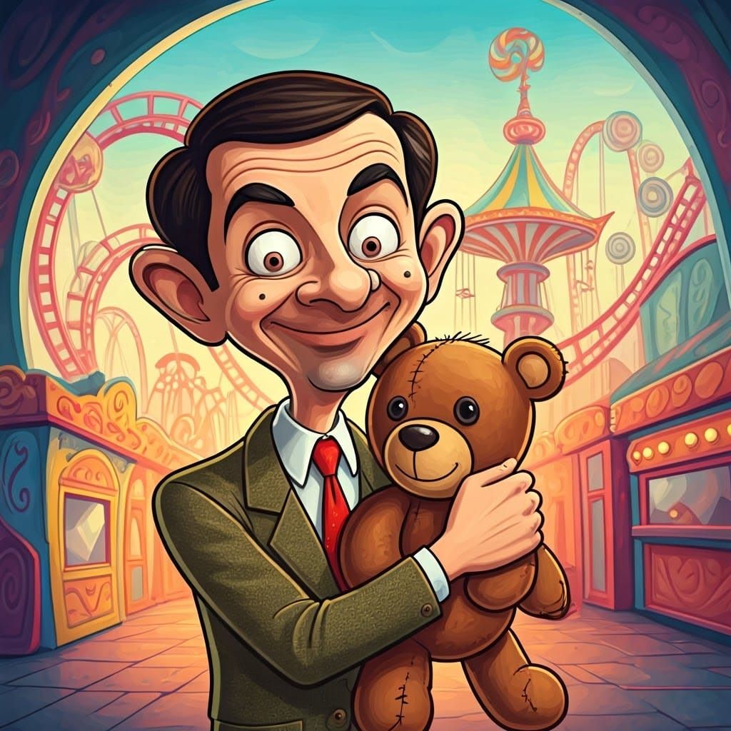Cartoon Mr. Bean in Candyland Amusement Park
