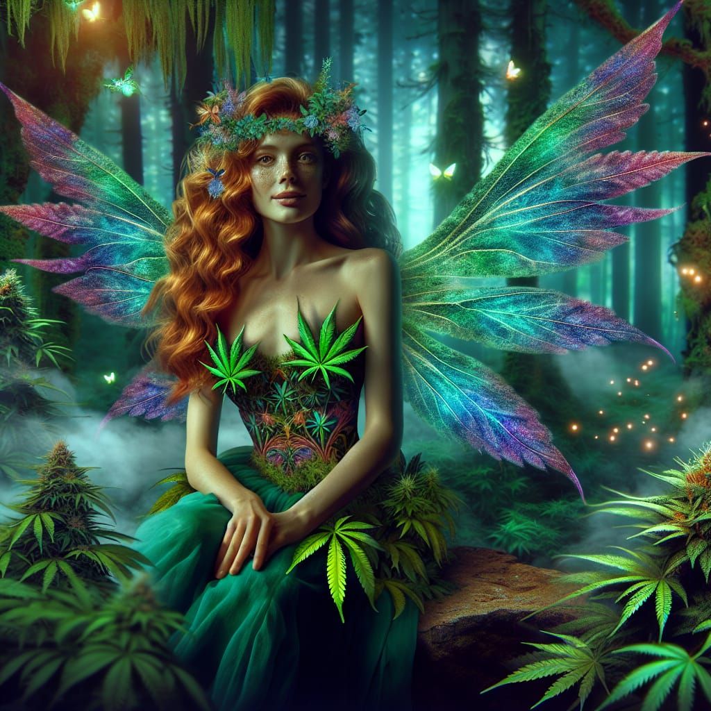 Enchanting Cannabis Fairy in Forest Scene