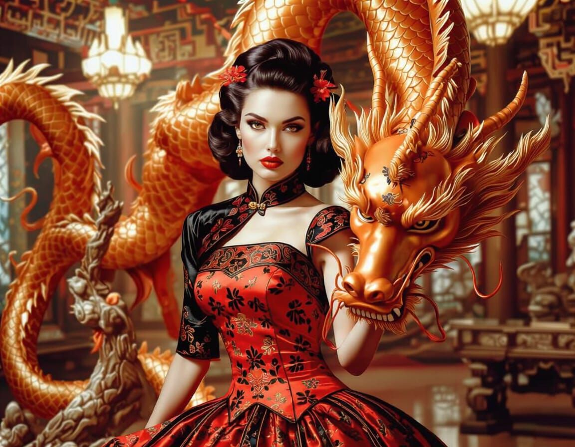 French Woman with Dragon in Chinese Garden