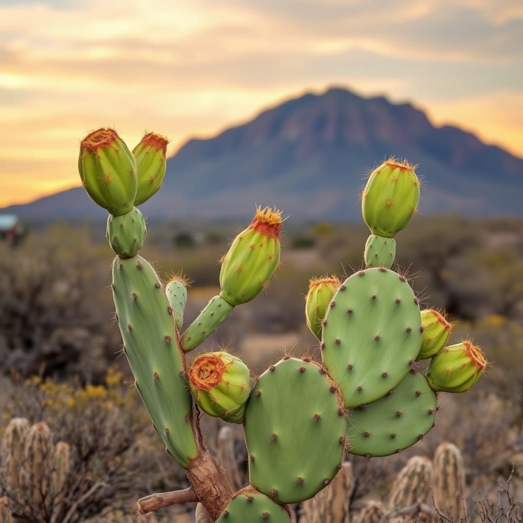 Chihuahuan Desert Prickly Pear Cactus with Guadalupe Peak
