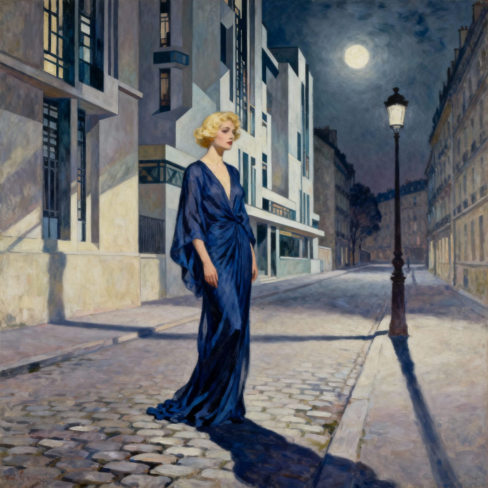 Woman in Blue Sarafan on Moonlit Parisian Street