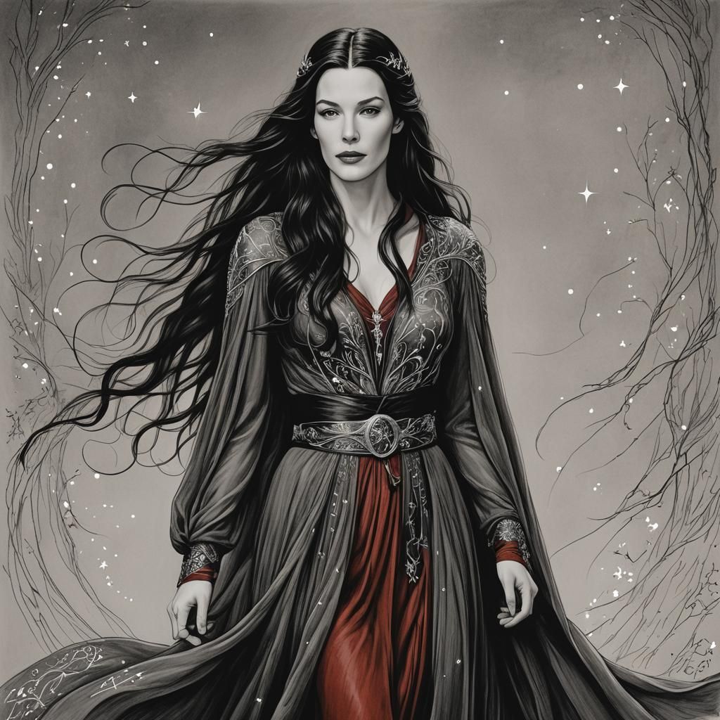 Arwen in Elvin City: Hyperdetailed Charcoal Drawing