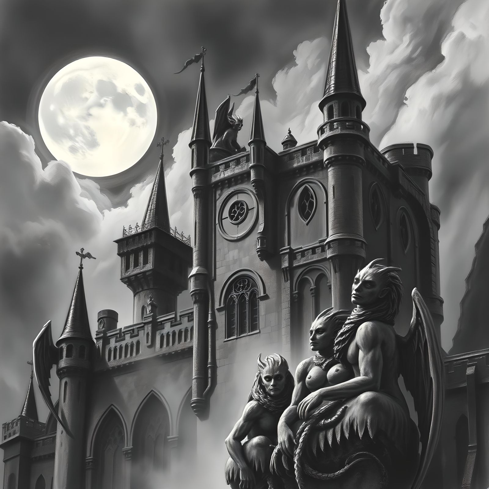 Obsidian Gargoyles on Eerie Castle, Charcoal Drawing
