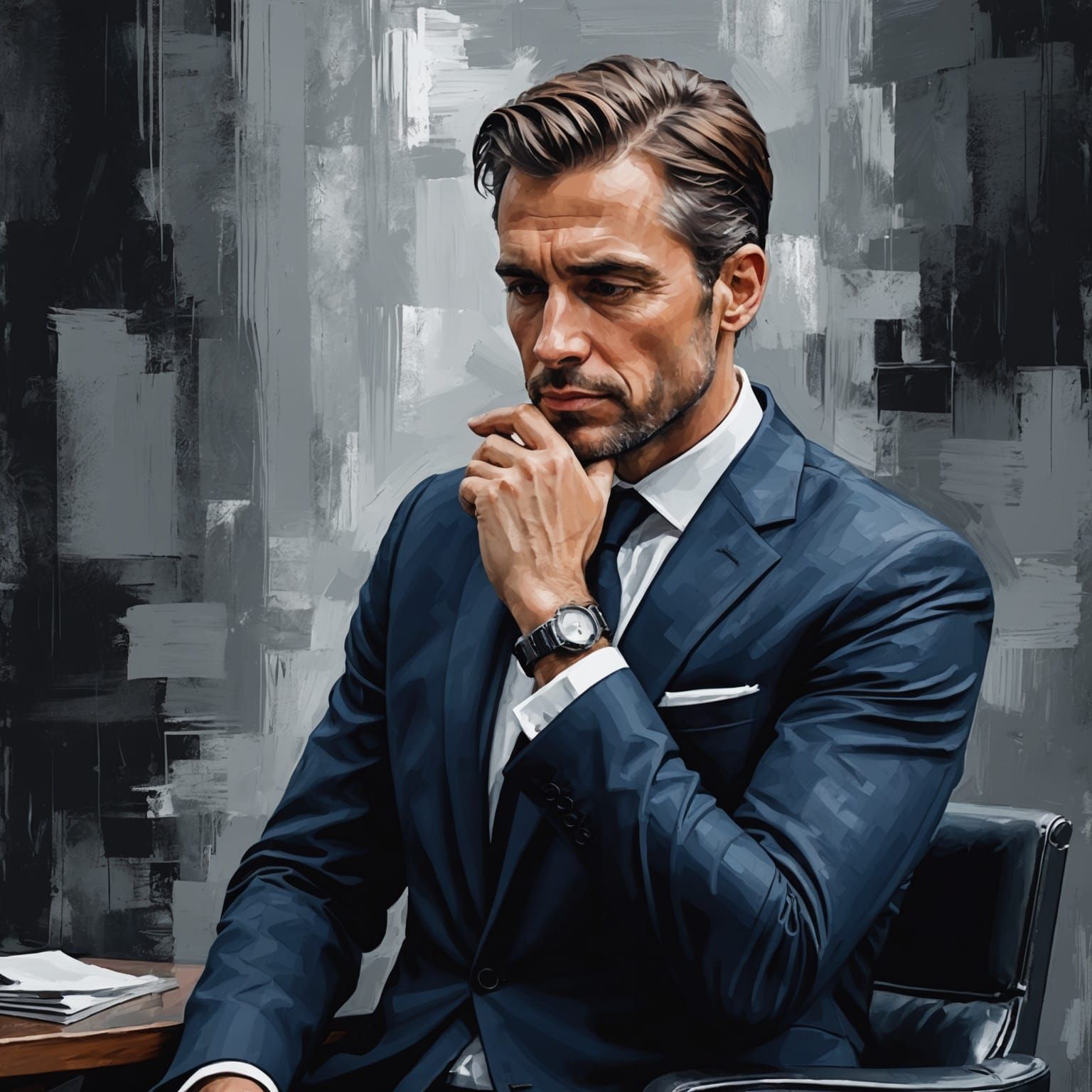 Monochromatic Portrait of Thoughtful Man as Painting