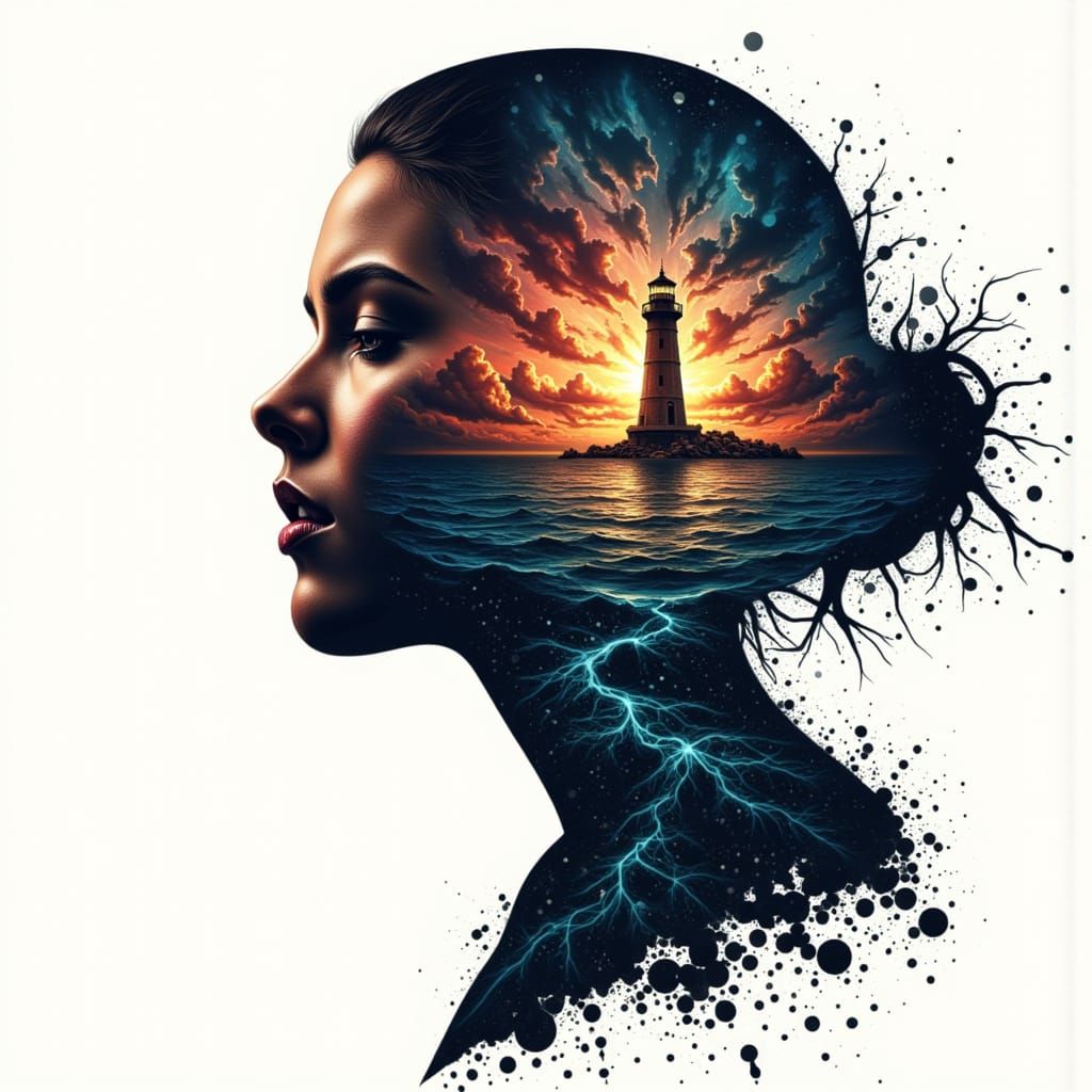 Psychedelic Double Exposure: Woman and Lighthouse Painting