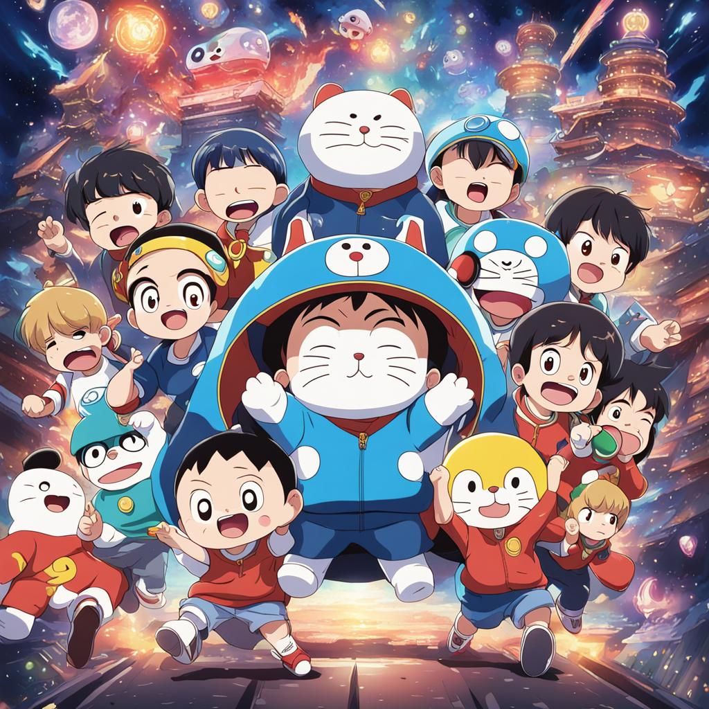 BTS, Shinchan, and Doraemon in Anime Gaming Style