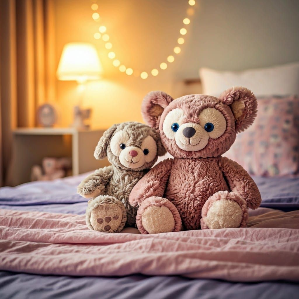 Cozy Plush Toys in Pastel Room, Whimsical Style