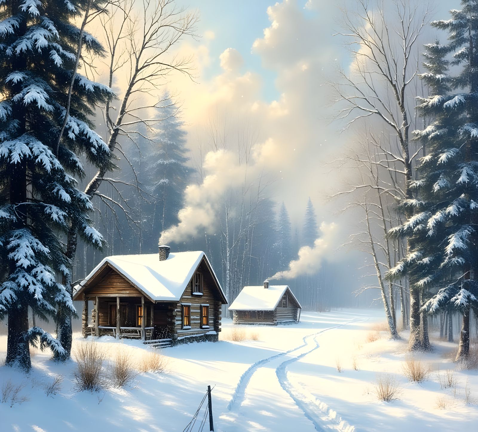 Serene Winter Wonderland in Rustic Log Cabins