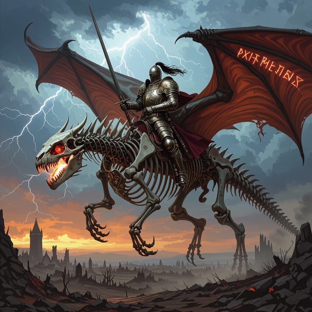 Knight on Skeletal Dragon Soaring Over Wasteland