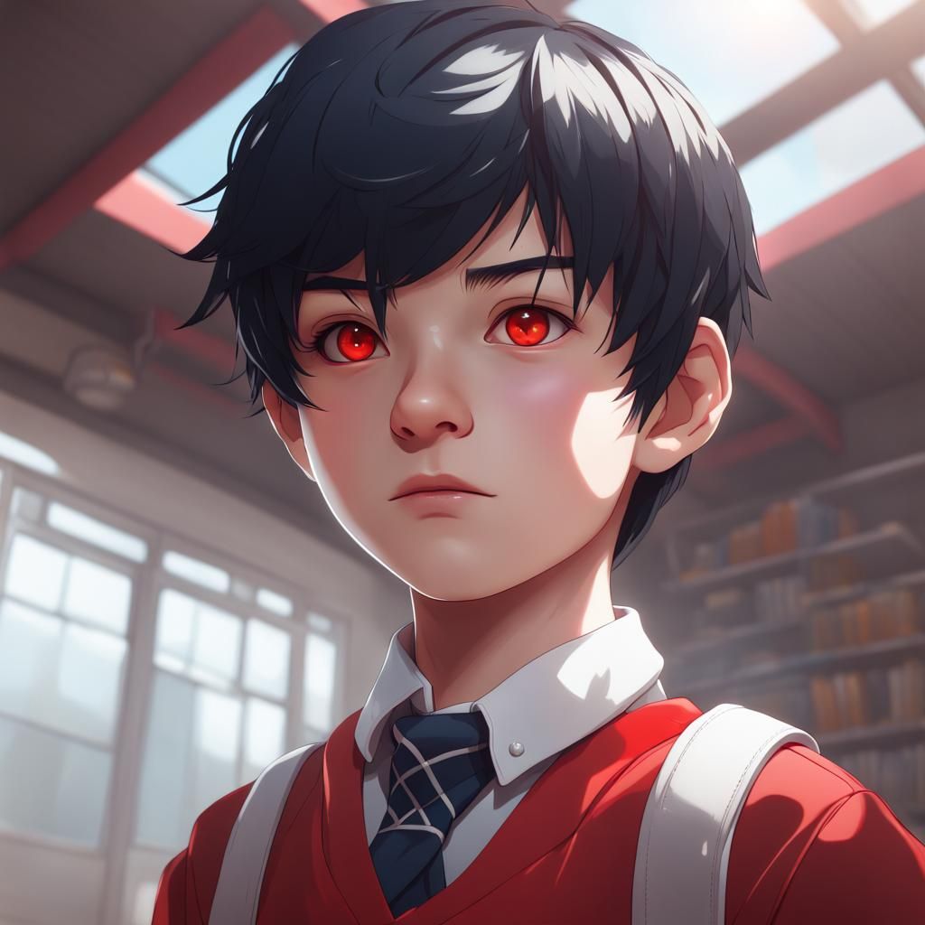 Boy with Red Eyes in School Uniform Portrait