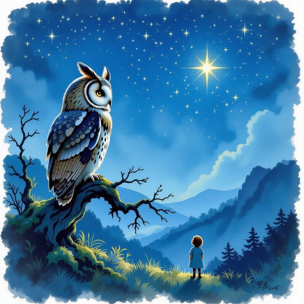 Wise Owl on Branch Overlooking Starlit Valley