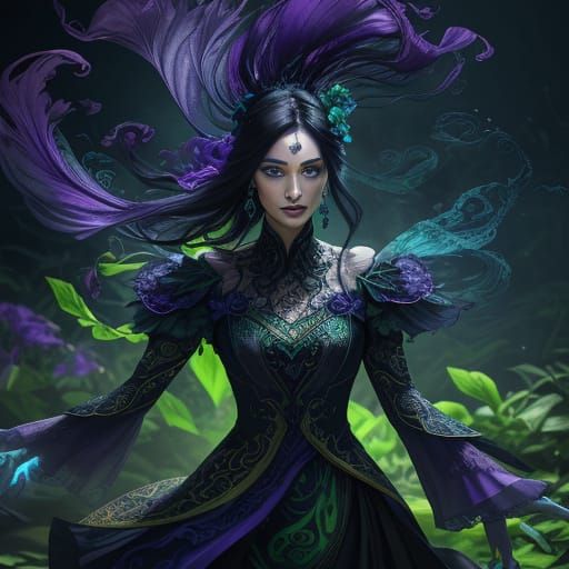 Ethereal Black Orchid in Vibrant Moonlit Garden