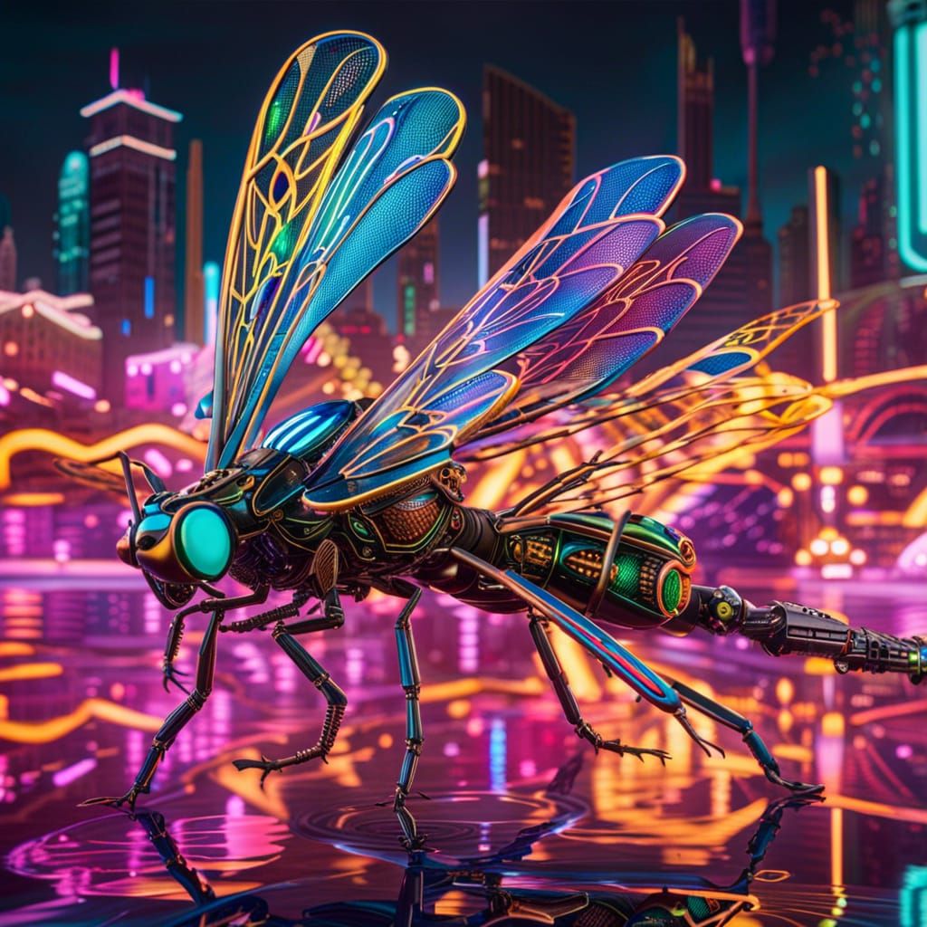 Bio-Mechanical Dragonfly in Futuristic Sci-Fi Landscape