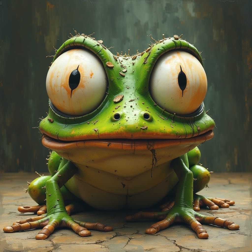 Startled Frog with Big Eyes in Dark Oil Paint Style