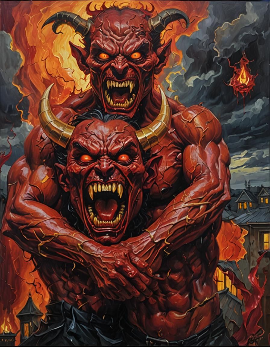 Ominous Demons Growling in an Oil Painting