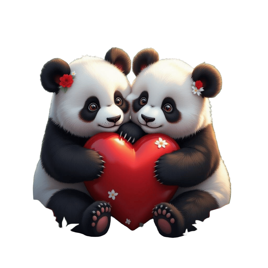 Two cute panda cubs embrace a large red heart adorned. They ...