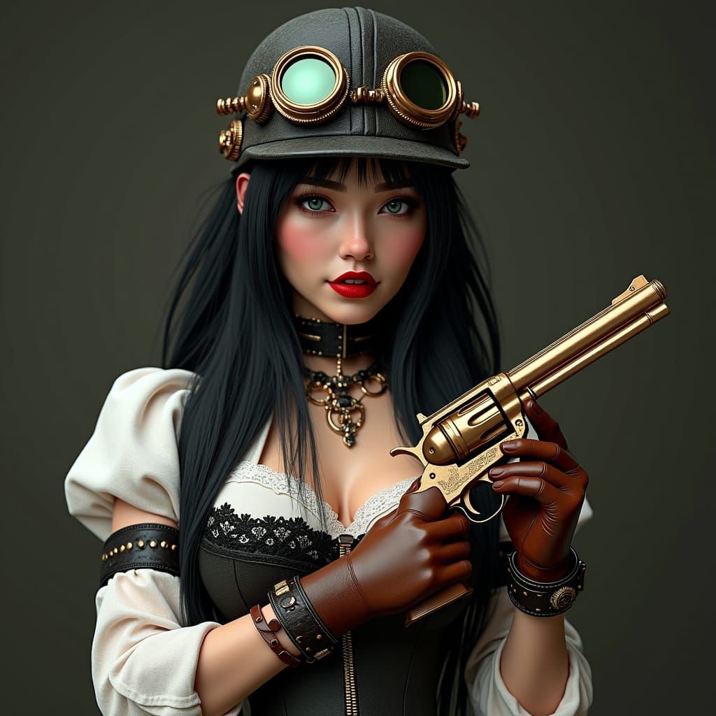 Steampunk Lady with Revolver in Tech-Noir Style