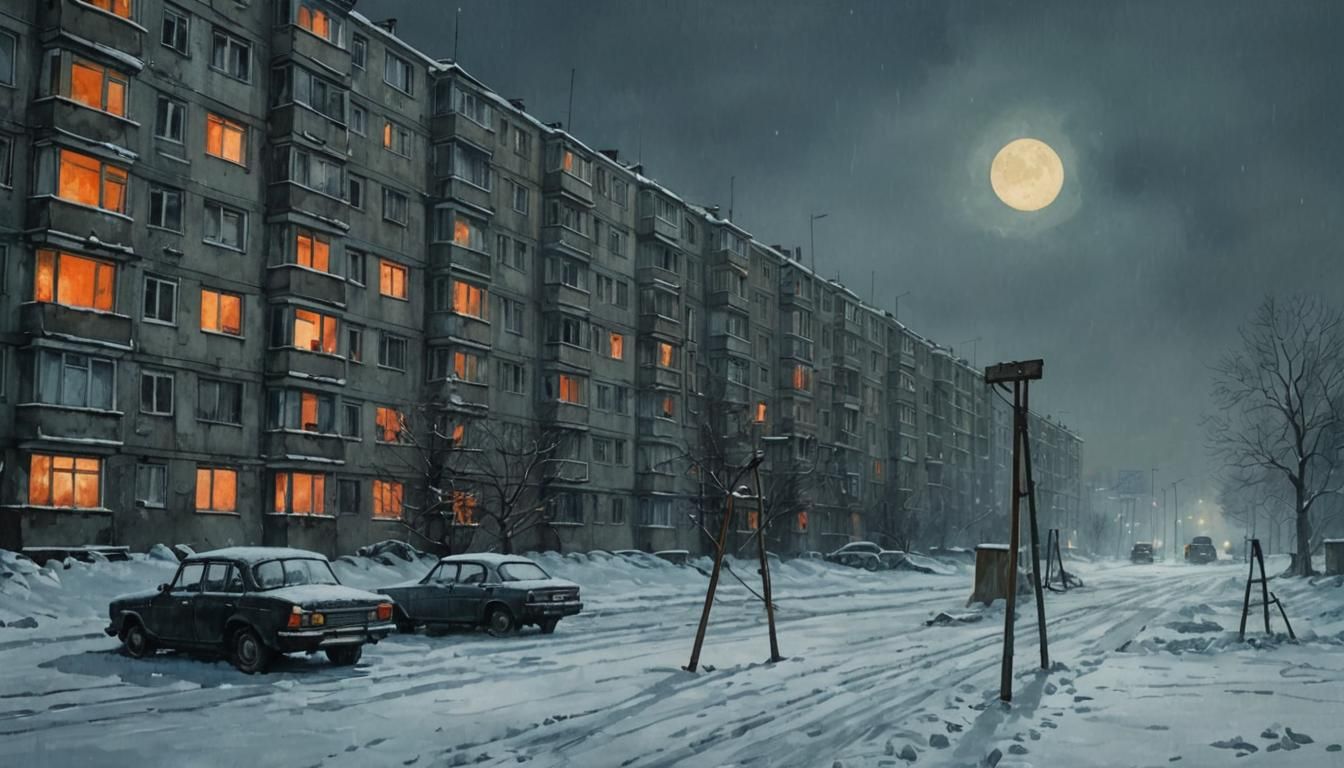 Soviet Winter Cityscape in Watercolor Style