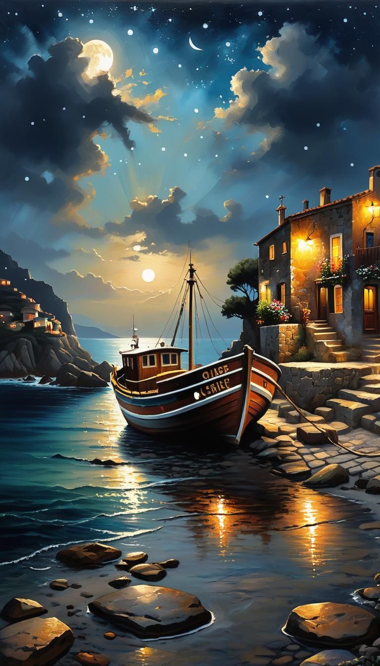 A starry night over a fishing village, boat mooring