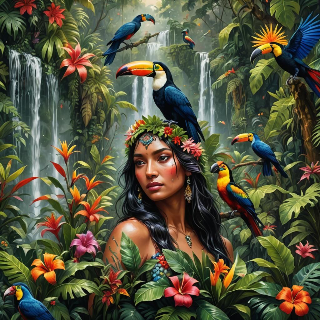Jungle Goddess with Toucans in Splash Art Style