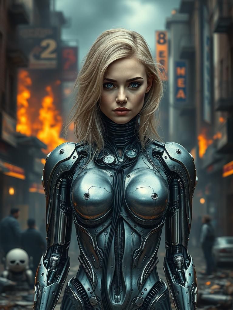 Cyborg Woman in Burning City: Pre-Raphaelite Portrait