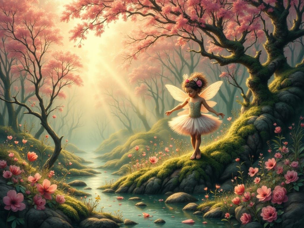 Tiny Fairy Ballet on Mossy Branch with Swirling Hues