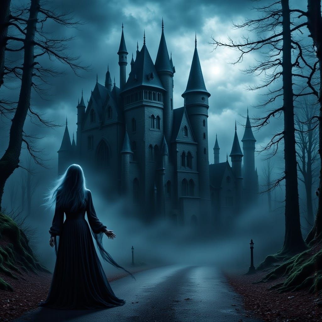 Wicked Castle in Stormy Dark Fantasy Forest