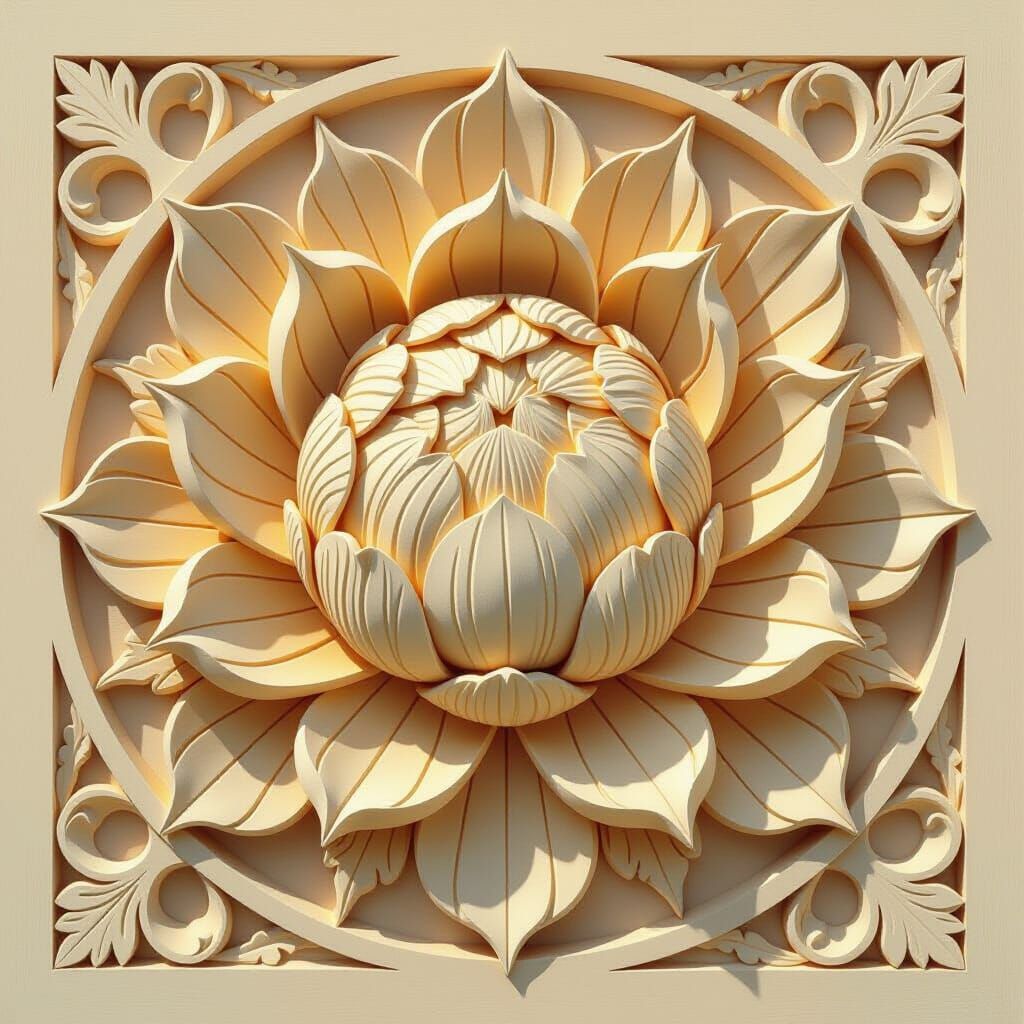 Detailed Carving of a Fully Bloomed Lotus Flower