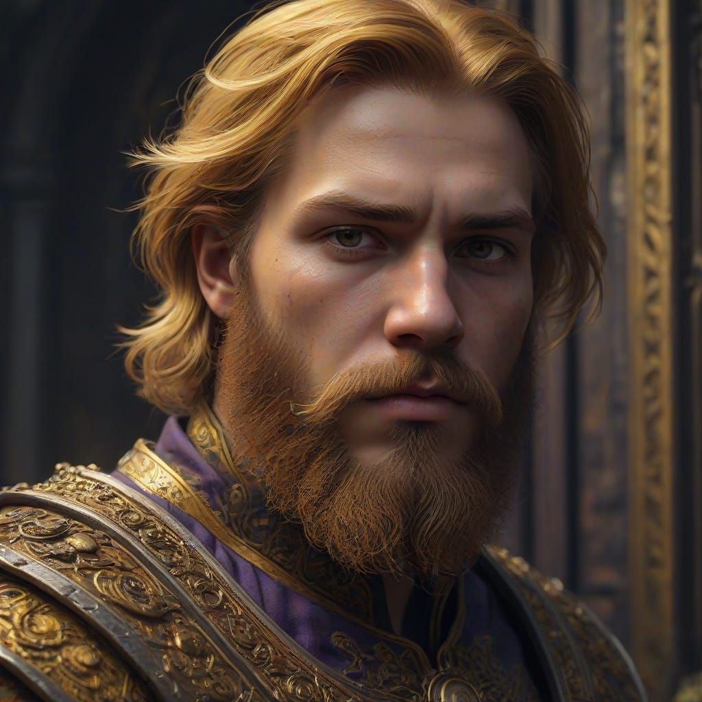 Golden Warrior in Crimson Tunic, Dark Fantasy Masterpiece