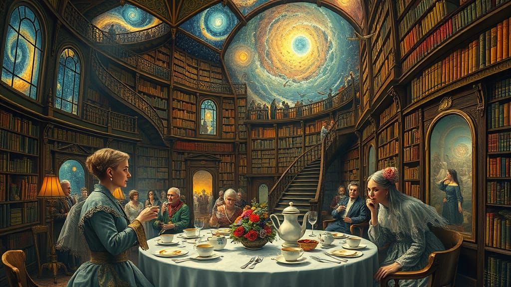 Surreal Tea Party in Library, Visionary Art Style