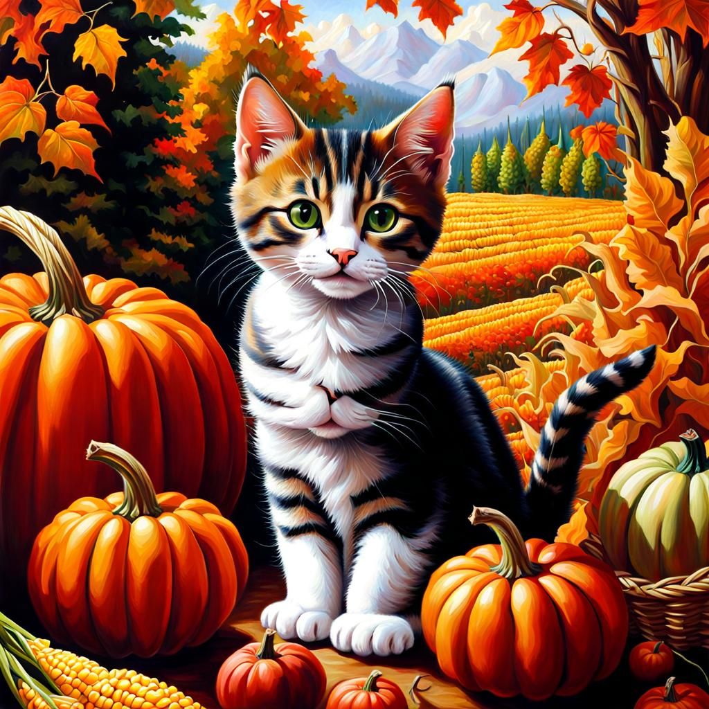 Kitten in Autumn Harvest, Hyperrealistic Oil Painting