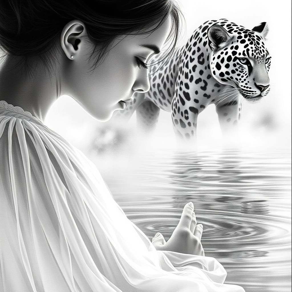 Serene Fantasy Portrait in High-Contrast Black and White