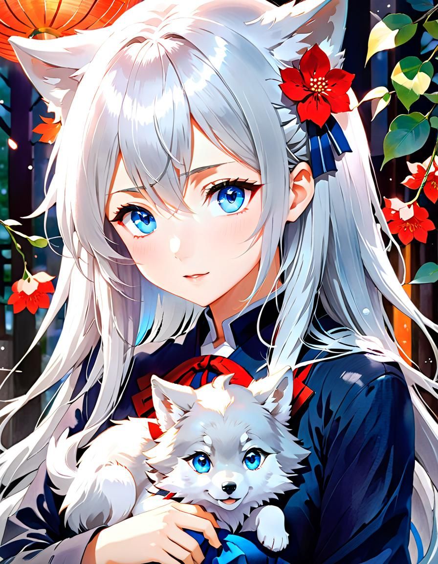 Anime Wolf-Girl with Cub in Watercolor Style