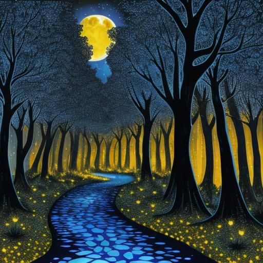 Moonlit Forest Path in Impasto Alcohol Ink Style