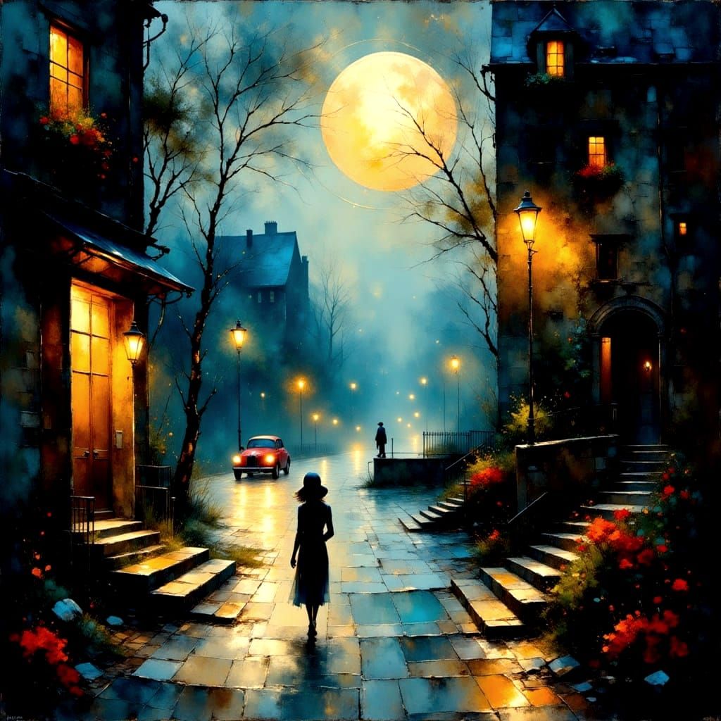 Mysterious Nighttime Cityscape under a Soft, Dreamy Streetla...