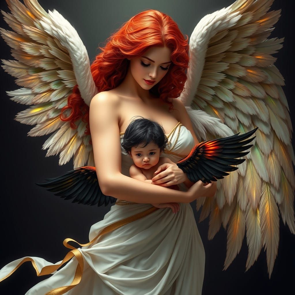 Majestic Mother Angel with Peacock Wings and Baby Angel