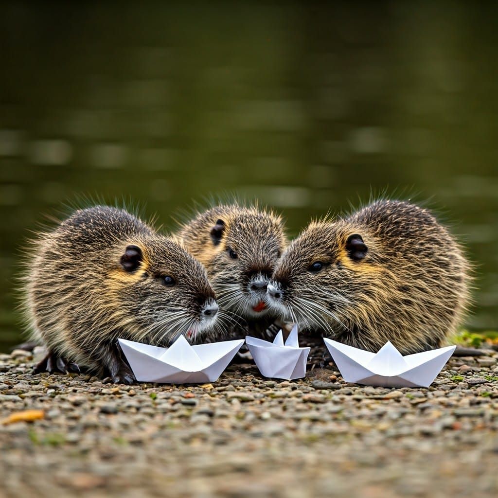 Baby Nutrias Play with Paper Boats